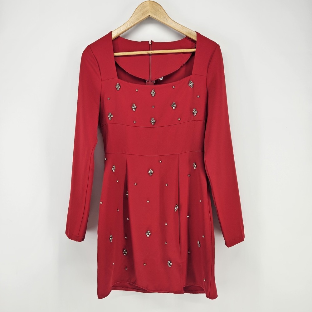Mini Dress Womens Medium Red Rhinestone Beaded Square Neck Long Sleeve Party